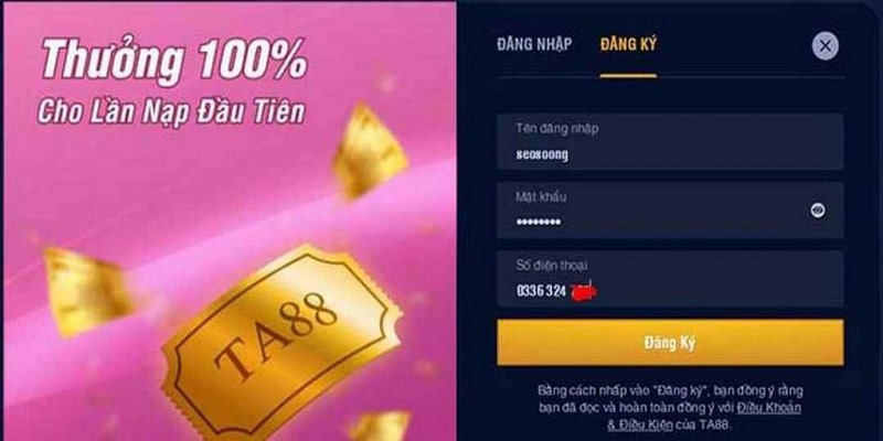 Giao diện đăng ký Ta88 vô cùng đơn giản